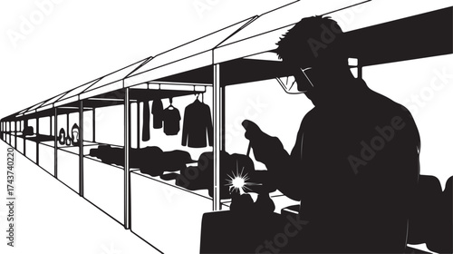 Silhouette of a person holding a phone in front of a long row of market stalls with goods displayed under a canopy structure