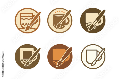 Artisan Mug Logos. Creating custom ceramic mugs and cups. Set Logo of artisan design: circular emblem with mug, paintbrush, and decorative pattern. harmonious