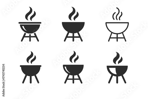 Grill Logo Variations. Outdoor leisure (picnics, barbecues). Set Logo of barbecue grill: round grill with smoke rising. harmonious logo variations of the same