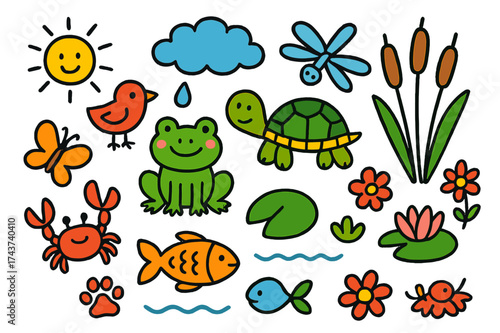 Colorful Wetlands Doodle. Wetlands. Colorful Hand-drawn doodle Children illustration Frog, turtle, reeds, dragonfly, fish, lily pad, bird, water drop, cloud,