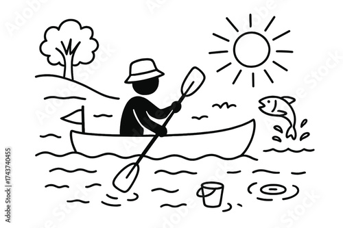 River Rowing Doodle. Rowing a boat. Hand-drawn doodle illustration rowing a boat canoe, kayak, double oars, paddler silhouette, river waves, shoreline, small