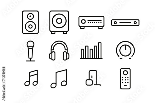 Sound System Icons. Sound system. Line icon set of sound system: speaker, subwoofer, amplifier, soundbar, microphone, headphones, equalizer, volume knob, music