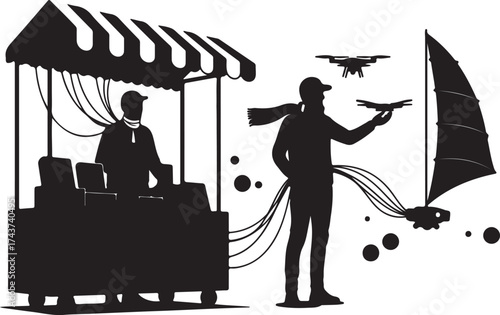 Silhouette of a vendor at a market stall interacting with a person controlling drones and a sailboat with futuristic technology