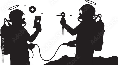 Two silhouetted divers with halo symbols and scuba gear communicating with each other using a vintage telephone underwater