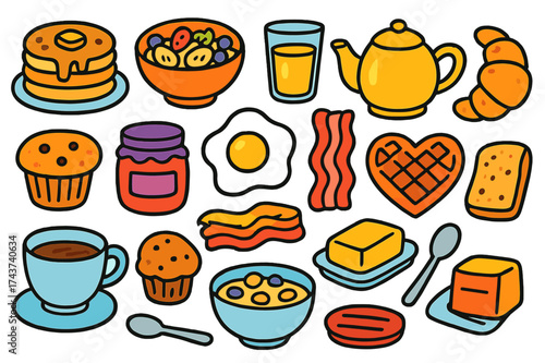 Colorful Breakfast Doodle. Breakfast. Colorful Hand-drawn doodle Children illustration Pancakes, waffles, fried egg, bacon, toast, jam jar, croissant, coffee
