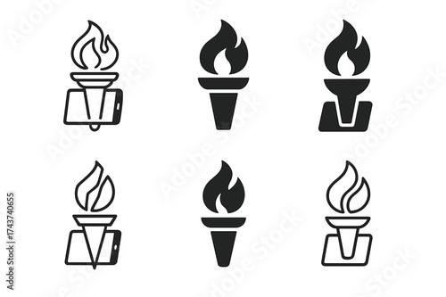 Digital Learning Logos. Students using laptops and tablets in classrooms. Set Logo of learning flame: symbolic torch with digital screen integrated. harmonious