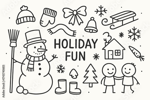 Winter Holiday Doodles. Holiday Fun. Hand-drawn doodle illustration Holiday Fun snowman, hat, scarf, broom, ribbon, bell, sled, snowball, mittens, boots, tree,