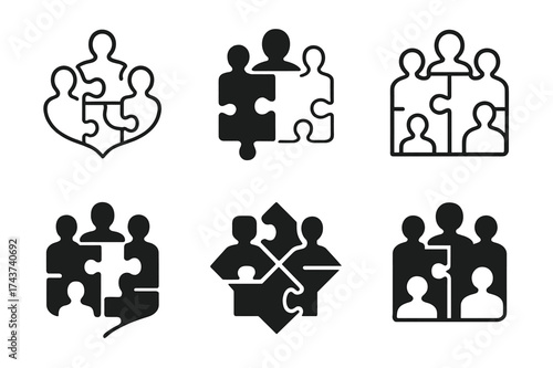 Creative Teamwork Logos. Collaboration in creative teams. Set Logo of puzzle teamwork: interconnected puzzle pieces with team silhouettes. harmonious logo