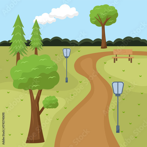 Flat Landscape View Of Park