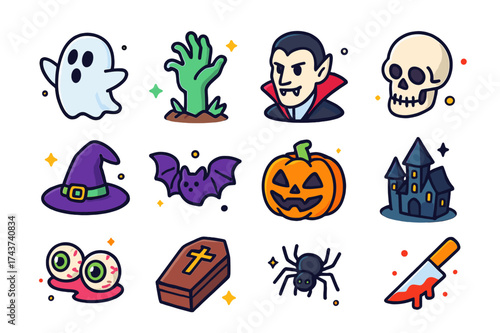 Colorful Horror Icons. Horror Icons. Colorful isometric vector icons set of Horror Icons: ghost, zombie hand, vampire, skeleton skull, witch hat, bat, pumpkin