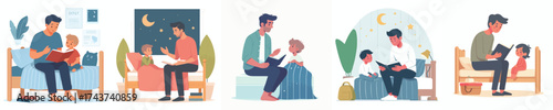vector of a father reading a story before his child goes to bed