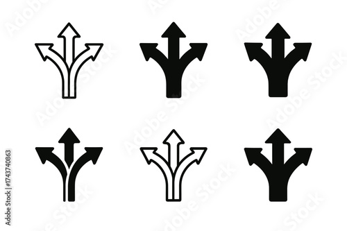 Multitasking Logo Variations. Improving your ability to multitask. Set Logo of branching arrows: central point splitting into multiple directions. harmonious