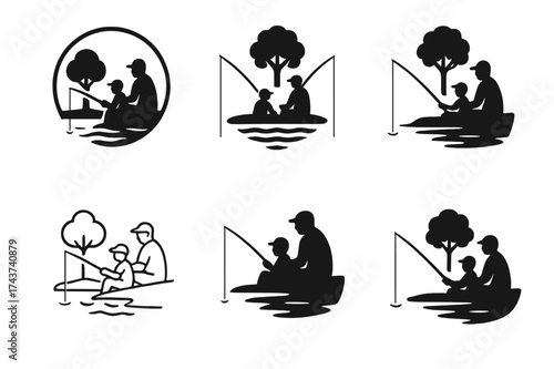 Family Fishing Logos. Fishing at the lake. Set Logo of family fishing: parent and child fishing together by lake. harmonious logo variations of the same
