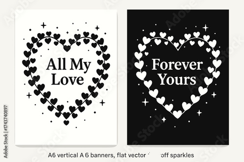 Romantic Banner Designs. Romance. Two vertical A6 banners, flat vector design, black and white backgrounds, heart wreath with soft sparkles, first banner with