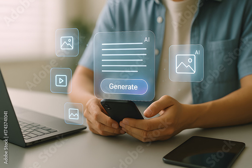 AI content creation concept. person using smartphone to create digital content like text, images, and video with mobile device, reflecting future for marketing, tech presentation