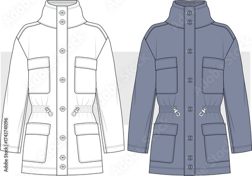 Unisex parka coat fashion technical drawing, illustration. Jacket vector. Front and Back view. Cad, Mockup Set.