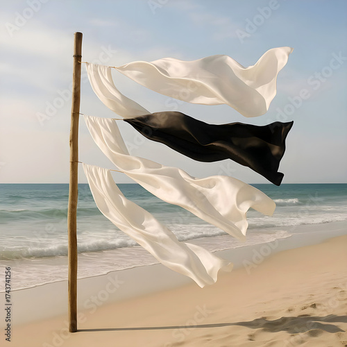 Black and white satin silk fabrics flying on a wooden pole near the seashore 