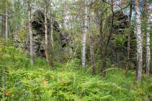 Azov Mountain Nature Park. The mountain range is composed of spherical lavas of basalt composition