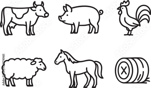 Farm animals outline icons - cow, pig, sheep, goat, horse, chicken, duck, rabbit, turkey, dog, cat, bee 