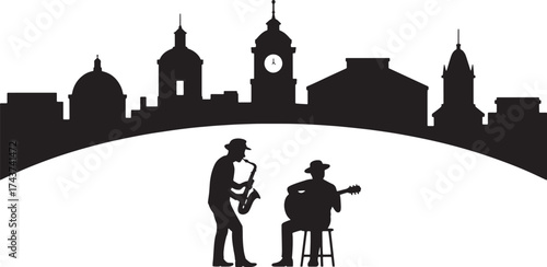 Musicians Silhouette Performance with Urban Skyline