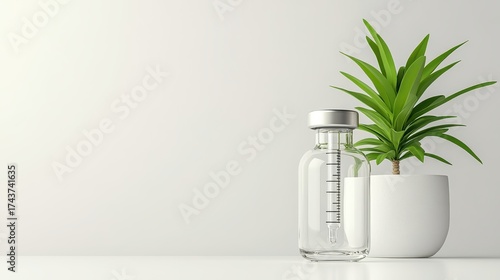 Wallpaper Mural Biotechnology plant growth medicine in simple vial next to potted green plant on white surface, scientific research experiment. Torontodigital.ca