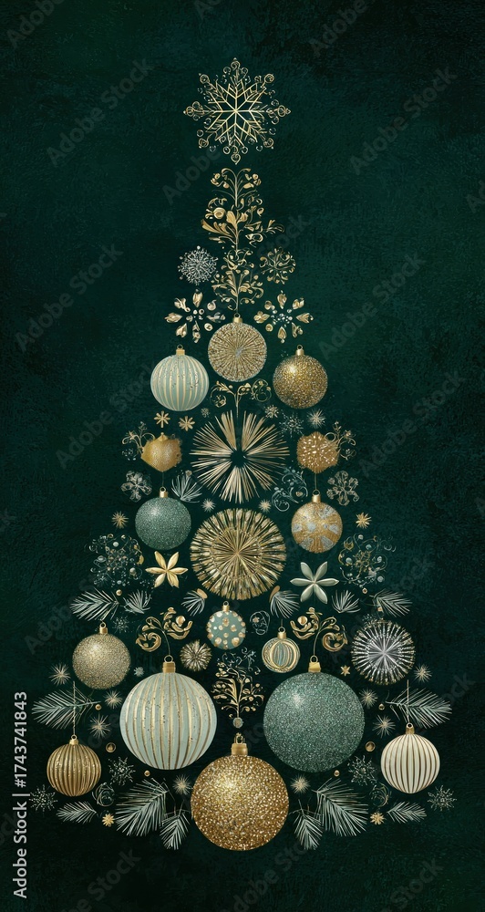 Naklejka premium A festive emerald background supports a tree made of ornaments & snowflakes