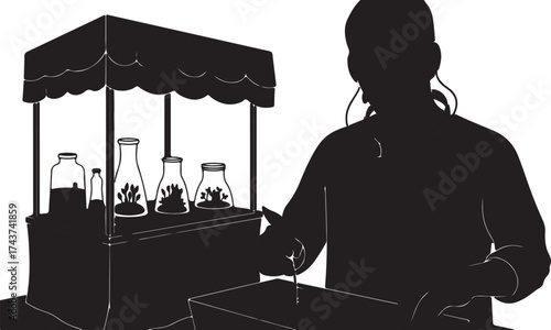 Silhouette of a person standing at a street food cart with bottles and containers ready to serve customers on a bright day