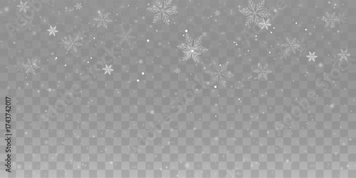 Snowflakes vector, falling snow background transparent. Winter cold weather, white flakes flying in air, frosty particles texture, frozen crystal overlay, holiday season cold atmosphere.

