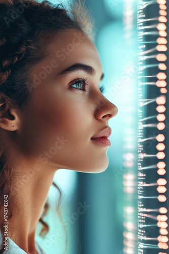 Woman observing genetic code data display with focus on DNA sequencing for biological advancement