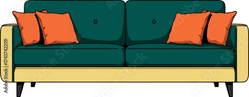 Modern Teal Sofa with Orange Cushions