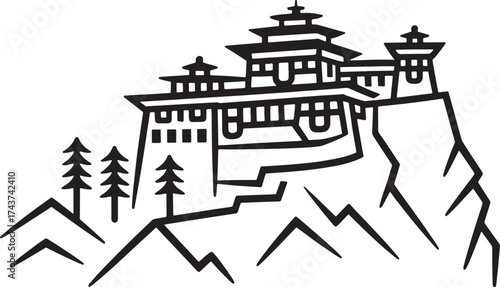 Paro Taktsang Bhutan Outline Landmark Building Vector Travel Illustration