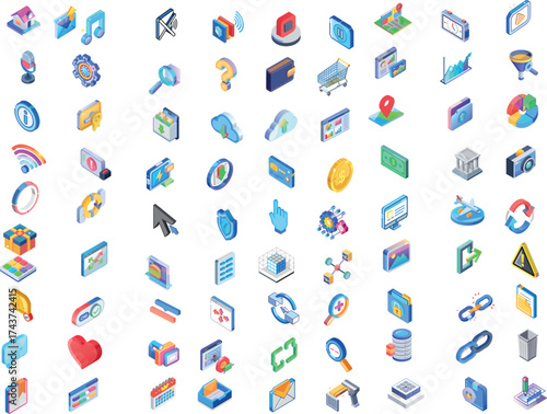 Colorful 3D Isometric UI/UX Icons Set - Technology, Data, Business & Digital Media Collection
