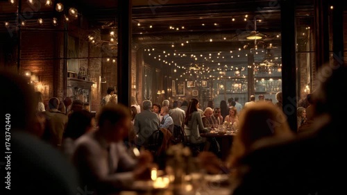 Crowded restaurant with warm evening lighting