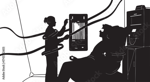 Silhouetted figures in a dimly lit room with wires and electronic equipment creating a sense of mystery and suspense