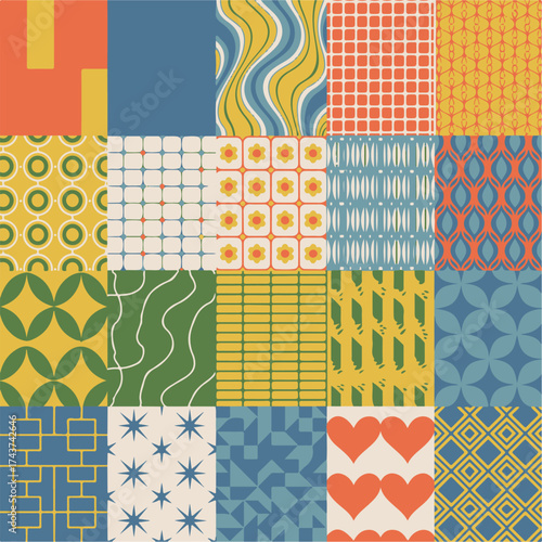 A vibrant collection of seamless retro patterns inspired by 60s and 70s design concepts, featuring groovy geometric shapes and abstract forms