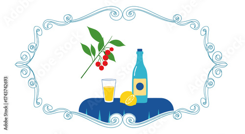 A refreshing glass of juice with lemons and cherries beside a bottle of blue liquid.