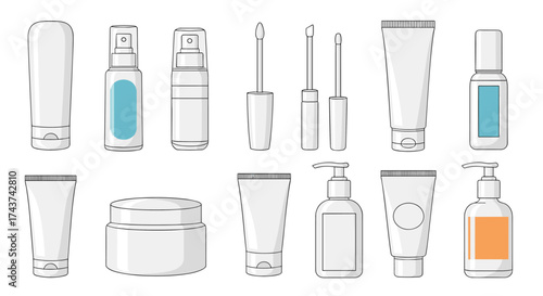 Collection of various beauty and cosmetic containers for skincare and makeup products.