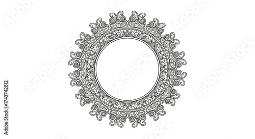 Intricate circular ornamental pattern with floral and geometric elements in a monochromatic design.