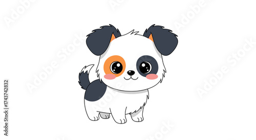 This adorable fluffy puppy with big round eyes is looking right at you.