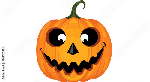 A happy jack o lantern with a carved spooky face for halloween.