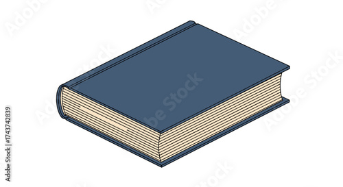 An illustration of a closed, hardcover book with a dark blue cover and yellowed pages.