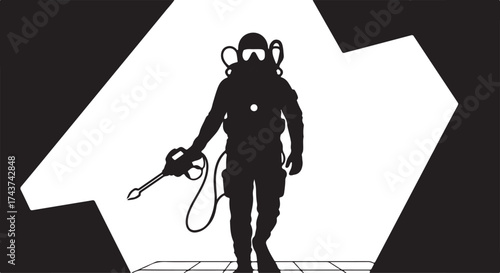 Silhouette of a scuba diver in a full wetsuit holding a speargun and walking forward against a bright background