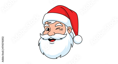 A cheerful Santa Claus winks while wearing his iconic red hat and beard.