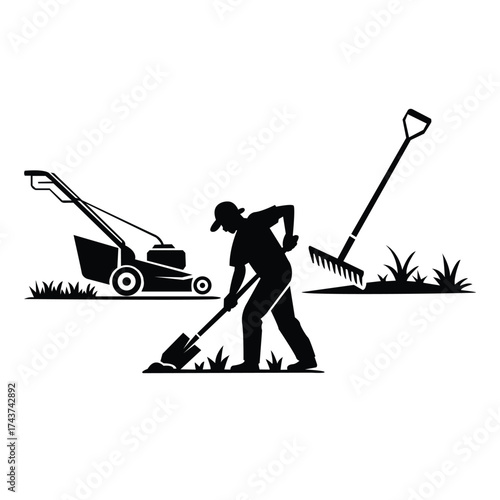 Dynamic black silhouette graphic of a gardener working with a shovel, surrounded by lawn care equipment and grass.