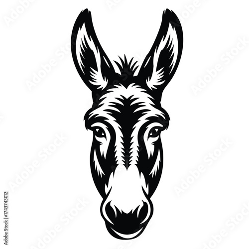 Highly detailed black and white illustration of a donkey's head, featuring a serious, strong, and vintage mascot design.