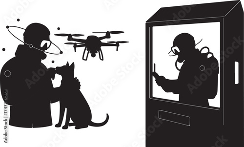 Silhouette of a person in a hazmat suit with a dog and a drone contrasted with a digital screen displaying a similar figure