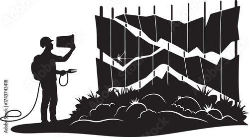 Silhouette of a person holding a camera and backpack standing in front of a stylized mountain range landscape illustration