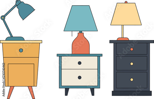 Retro Nightstands with Lamps - Vector Illustration