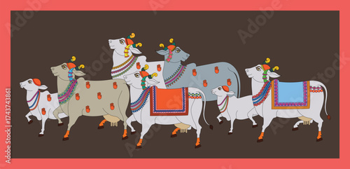 Holy cow in Kalamkari Indian traditional folk art on linen fabrics. It can be used for a coloring book, textile/ fabric prints, phone case, or greeting card. logo, calendar	
