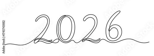 Continuous single line drawing of the numbers 2026 isolated on white background
